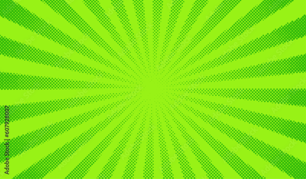 Poster green comics background. abstract lines backdrop. bright sunrays. design frames for title book. text