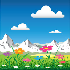 Obraz na płótnie Canvas A Mountain Landscape with Flowers