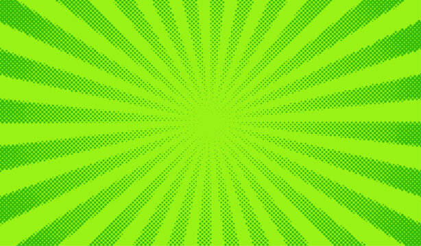 Green comics background. Abstract lines backdrop. Bright sunrays. Design frames for title book. Texture explosive polka. Beams action. Pattern motion flash. Rectangle fast boom. Vector illustration