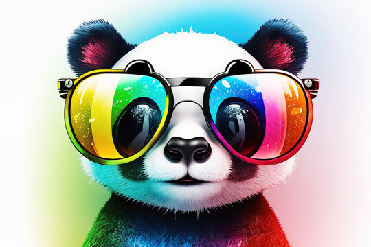 Cartoon colorful panda with sunglasses on white background. Created with generative AI