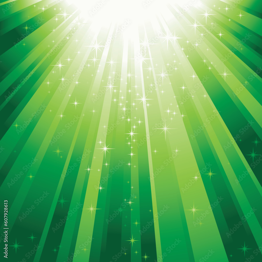 Poster festive square abstract background with stars descending on rays of green light. 7 global colors, ba