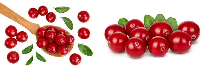 Cranberry in wooden spoon isolated on white background. Top view. Flat lay