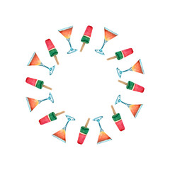 wreath of ice cream watermelon ice cocktail painted in watercolor isolated white background hand drawn