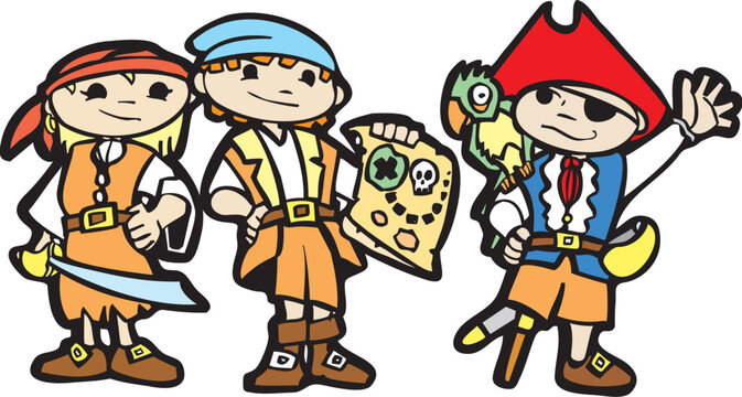 Children dress in pirate costumes with swords, parrots and maps.