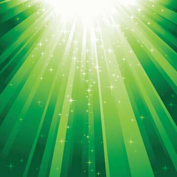 Festive square abstract background with stars descending on rays of green light. 7 global colors, background controlled by 1 linear gradient.