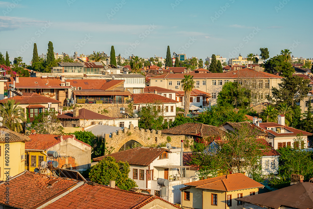 Wall mural Aerial view of the old town of Kaleiçi in the Turkish city of Antalya. View of old houses in the popular tourist area of Antalya.