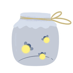 Three glowing fireflies in a glass jar covered with a light blue cloth tied with hemp rope