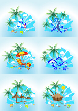 vector image of tropical images with the sea surf, palm trees and blue sky