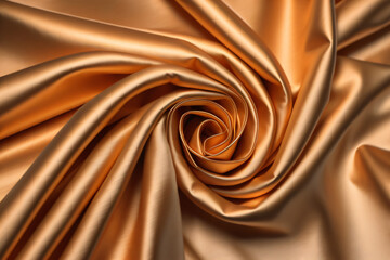 A close-up of a rose in flowing salmon pink satin, Behance. Golden silk background.
