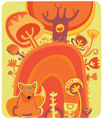 Magical Autumn forest, cute fox. With space for your text