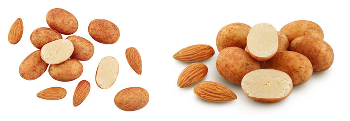 Marzipan balls or potatoes with almond isolated on white background full depth of field. Top view. Flat lay