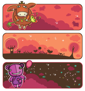 Vector Set of the Cute Banners with space for your text.  1.Cute Donkey, holding beautiful flower enjoying  the sunset, flying cows.  2. Artistic Landscape. Sunset in the park with singing birds.  3. 