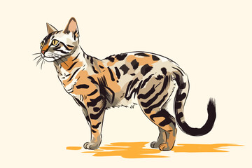 Fototapeta na wymiar Doodle inspired Bengal cat grooming itself, cartoon sticker, sketch, vector, Illustration