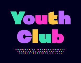 Vector trendy logo Youth Club. Colorful stylish Font. Set of modern Alphabet Letters, Numbers and Symbols
