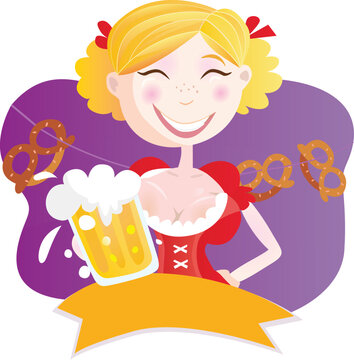 Oktoberfest bavarian woman in traditional clothes with beer. Vector Illustration.