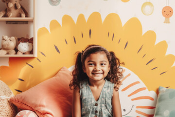 Portrait of adorable Indian little girl in her room smiling. Generative AI.