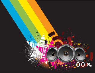 Vector illustration of grunge Background with an Explosion of Colors with music design elements