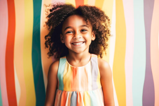 Portrait of cute little Black girl in her room with fun wallpaper. Generative AI.
