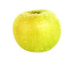 Fresh green apple with water drops, transparent background