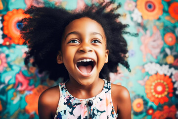 Portrait of adorable excited little Black girl in her room laughing. Generative AI.