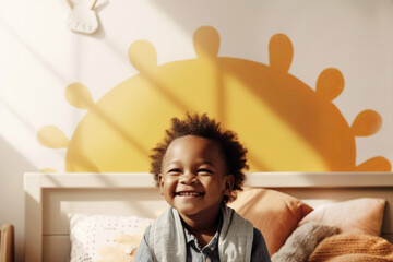 Portrait of adorable happy little boy toddler in his room smiling. Generative AI.