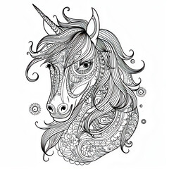 Unicorn face, doodle coloring page