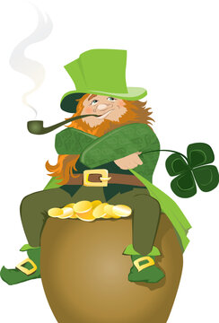 Illustration of traditional Irish Leprechaun sat with pot of gold holding four leaf clover and smoking pipe