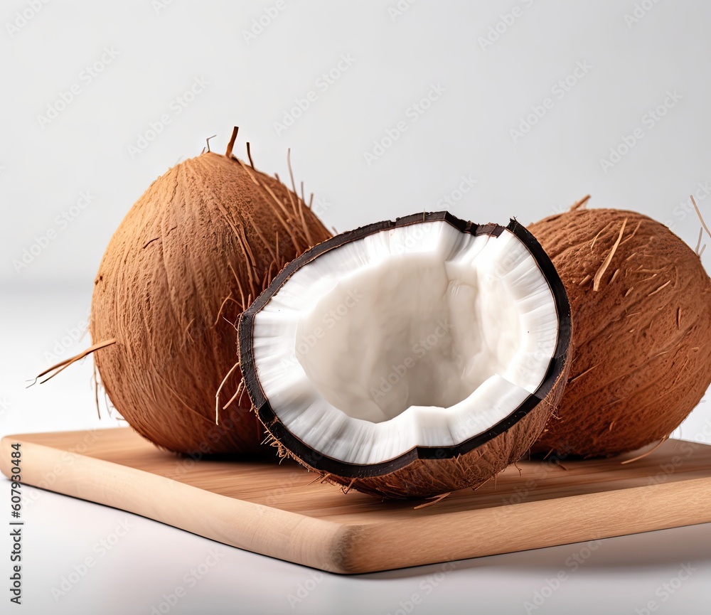 Poster coconut, isolated on white background, full depth of field created with generative ai technology