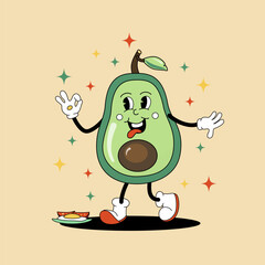 Comic flat Avocado with face on decorated background. Vector cartoon illustration in groovy retro style with breakfast. Square image of cute green fruit character with smile for advertising or poster