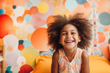 Portrait of cute little Black girl in her room with fun wallpaper. Generative AI.