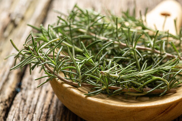 fresh organic freshly picked rosemary with dew or rain drops on top of rustic farmhouse wooden table, selective focus