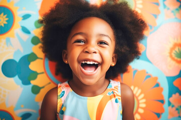 Portrait of cute little Black girl in her room with fun wallpaper. Generative AI.
