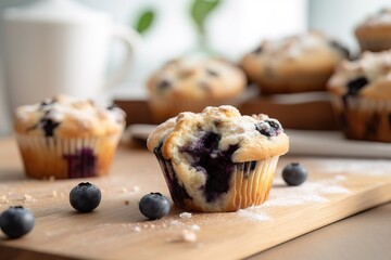 Muffins de Mirtilo em cozinha branca com mirtilos em cima da mesa, arte criada em AI generativa.