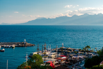 Panorama view from a high point on the old port of Kaleiçi in the Turkish city of Antalya....
