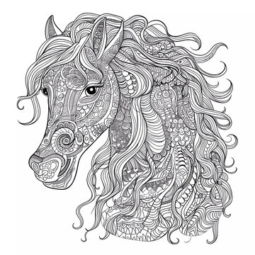 Zentangle unicorn outline, flowers and patterns