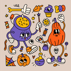 Retro cartoon Halloween characters set. Spooky Season mascots and holiday elements collection. Cute gloved cauldron and pumpkin. Contour vectior illustration for childish print design.