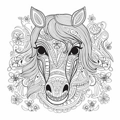 Beautiful frontal horse face decorated in mandala and floral style
