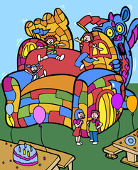 Colorful bounce house with children jumping and chatting outdoors at a birthday party.