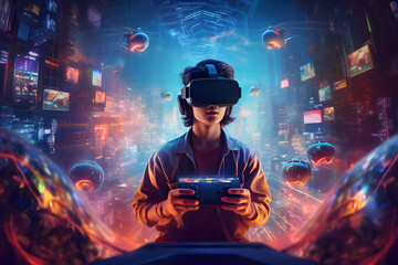 Realm of immersive gaming, person wearing a virtual reality headset and holding gaming peripherals, experiencing a captivating virtual world, Generated AI