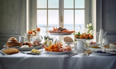  a table topped with plates of food and a bowl of fruit next to a window with a view of the ocean in the distance,.  generative ai