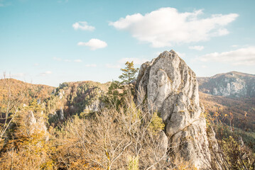 Panoramic view of Sulov village from Sulov castle ruins, Sulov rocks in the summer, (Sulovske skaly in slovak). National nature reserve, Slovakia.