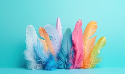  a group of colorful feathers sitting on top of a blue table top next to a green wall and a blue wall behind them is a blue background.  generative ai