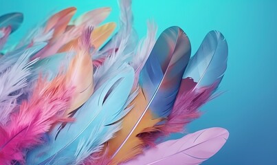  a bunch of colorful feathers on a blue background with a blurry image of the feathers of a bird in the foreground and the background.  generative ai