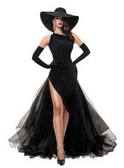 Fashion Woman in Black Evening Dress isolated White. Elegant Lady in Black Summer Hat and Long Luxury Gown with Slit. Beautiful Girl well dressed
