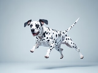 Funny cute dalmatian dog jump on soft white background. ai generative