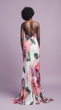 Attractive black woman in a cocktail dress, generative ai, studio setting with pink/purple background 
