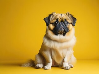 Funny cute Pekingese dog sit on soft yellow background. ai generative