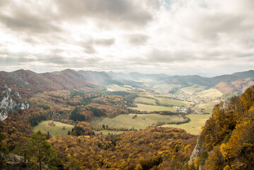 Naklejka premium Panoramic view of Sulov village from Sulov castle ruins, Sulov rocks in the summer, (Sulovske skaly in slovak). National nature reserve, Slovakia.