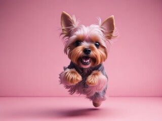 Funny cute yorkshire terrier run on soft pink background. ai generative
