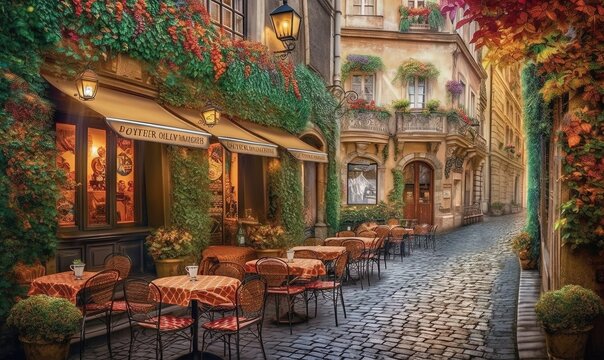  a painting of a street with tables and chairs on the side of the street and a building with flowers on the side of the street.  generative ai